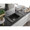 Mexen Elias granite sink 1-bowl with drainer and Flora kitchen tap, black/gold metallic - 6511-75-670401-00