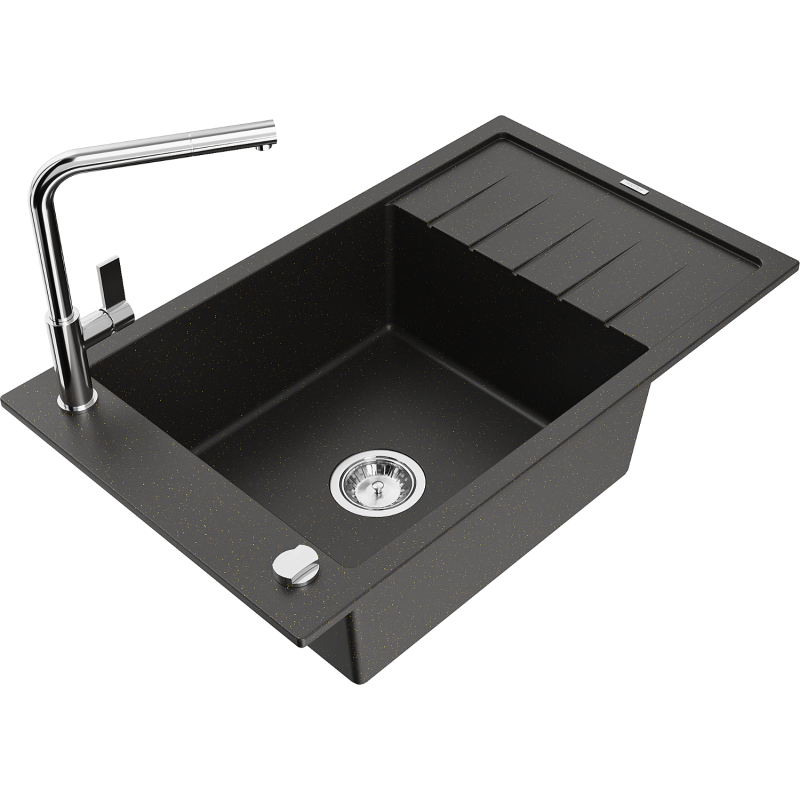 Mexen Elias Granitdiskho med 1 kammare, avrinningsyta och köksblandare Flora, svart/guldig metallic - 6511-75-670401-00