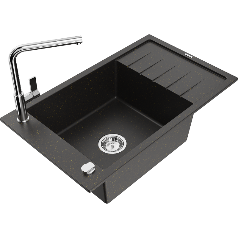 Mexen Elias granite sink 1-bowl with drainer and Flora kitchen tap, black/gold metallic - 6511-75-670401-00