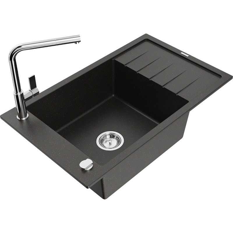 Mexen Elias granitspüle 1-beckig mit abtropffläche und Küchenarmatur Flora, schwarz/gold metallic - 6511-75-670401-00
