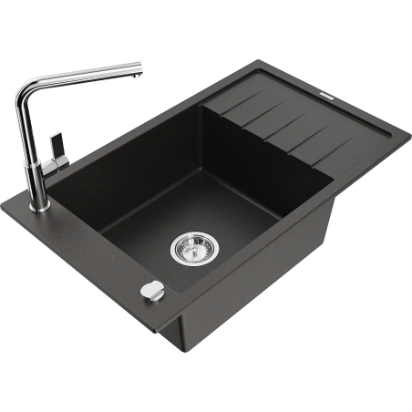 Mexen Elias granieten spoelbak 1-kompartment met afdruiprek en keukenmengkraan Flora, zwart/goud metallic - 6511-75-670401-00