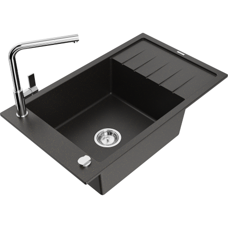 Mexen Elias granite sink 1-bowl with drainer and Flora kitchen tap, black/gold metallic - 6511-75-670401-00