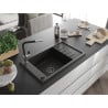 Mexen Elias Granitspüle 1-Becken mit Abtropffläche und Küchenarmatur Flora, schwarz/goldener Metallic - 6511-75-670401-07-B