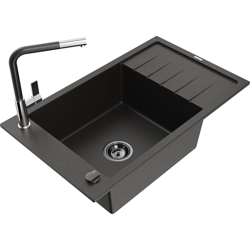 Mexen Elias lava-loiça de granito 1-cuba com escorredor e torneira de cozinha Flora, preto/metal dourado - 6511-75-670401-07-B