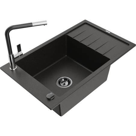 Mexen Elias Granitspüle 1-Becken mit Abtropffläche und Küchenarmatur Flora, schwarz/goldener Metallic - 6511-75-670401-07-B