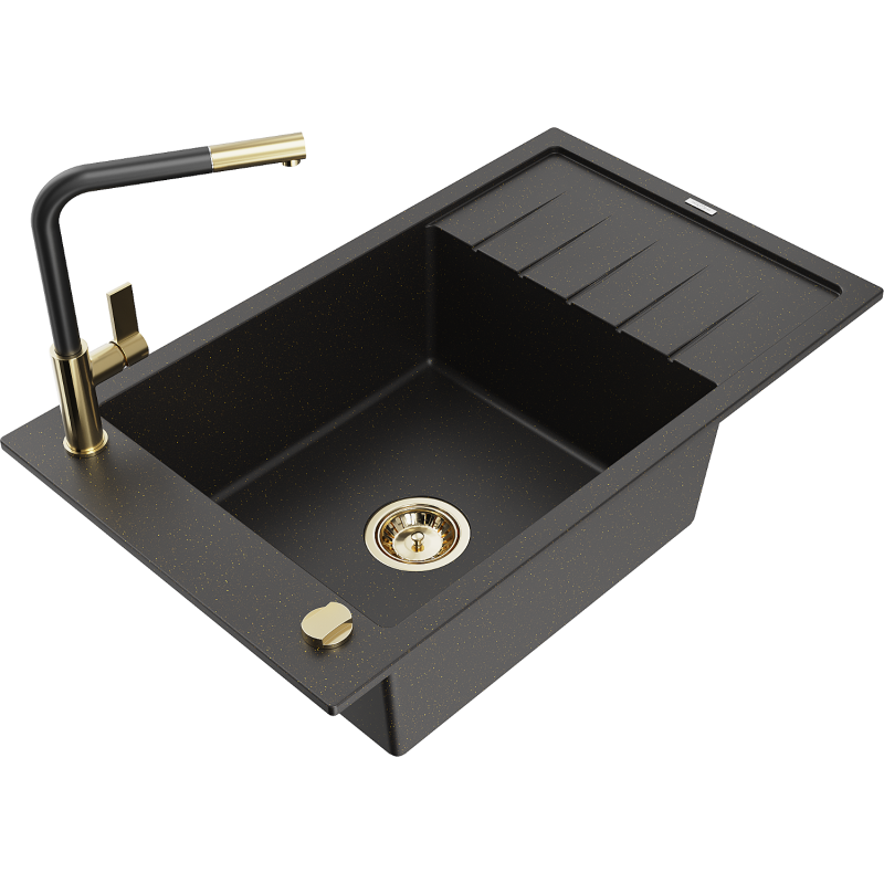 Mexen Elias fregadero de granito de 1 seno con escurridor y grifo de cocina Flora, negro/oro metálico - 6511-75-670401-57-G