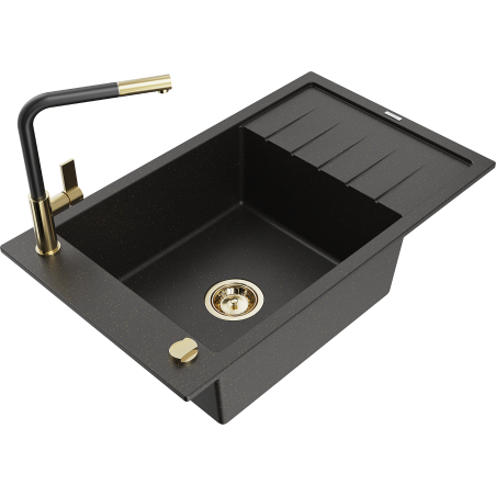 Mexen Elias Granitspüle 1-beckig mit Abtropffläche und Küchenarmatur Flora, schwarz/goldener Metallic - 6511-75-670401-57-G