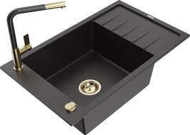 Mexen Elias fregadero de granito de 1 seno con escurridor y grifo de cocina Flora, negro/oro metálico - 6511-75-670401-57-G