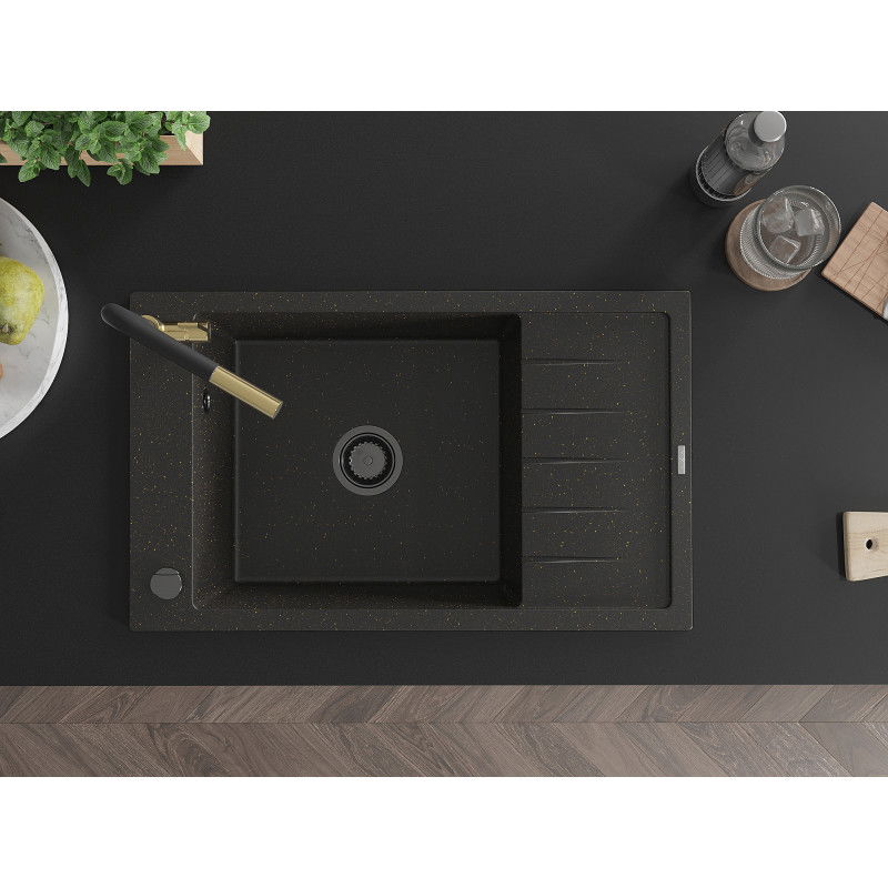 Mexen Elias lavello in granito a 1 vasca con scolapiatti e rubinetto da cucina Flora, nero/oro metallizzato