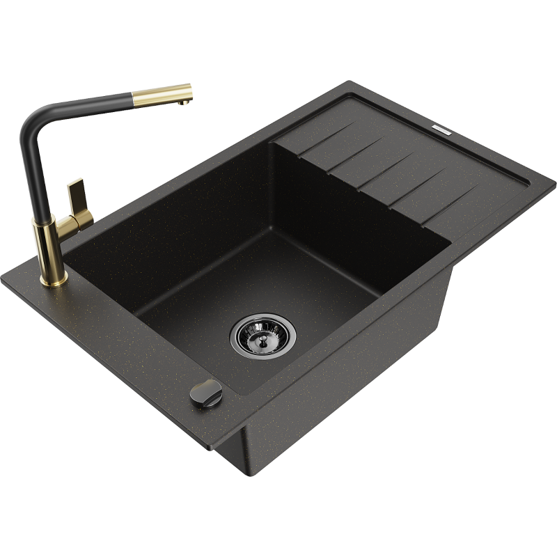 Mexen Elias granīta virtuves izlietne ar vienu nodalījumu, noteces vietu un Flora jaucējkrānu, melna/zeltains metāliskais