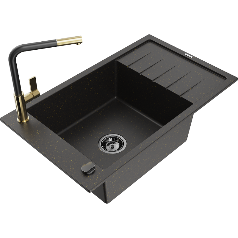 Mexen Elias granite sink 1-bowl with drainer and Flora kitchen tap, black/golden metallic - 6511-75-670401-57-B