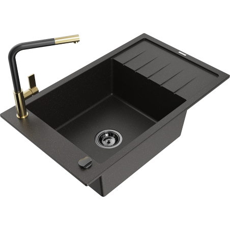 Mexen Elias granite kitchen sink 1-bowl with drainer and Flora kitchen faucet, black/gold metallic - 6511-75-670401-57-B