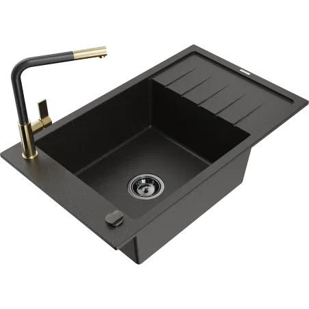 Mexen Elias granite sink 1-bowl with drainer and Flora kitchen tap, black/golden metallic - 6511-75-670401-57-B