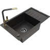 Mexen Elias granite sink 1-bowl with drainer and Flora kitchen tap, black/golden metallic - 6511-75-670401-57-B