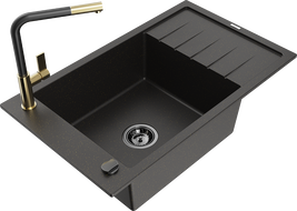 Mexen Elias granite sink 1-bowl with drainer and Flora kitchen tap, black/golden metallic - 6511-75-670401-57-B
