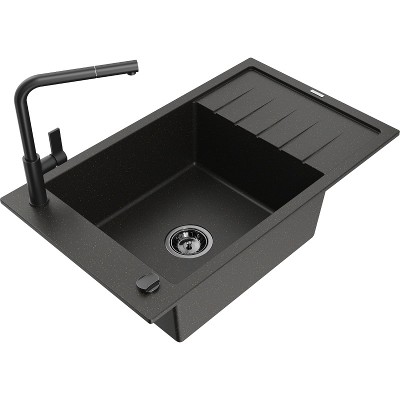 Mexen Elias Granitspüle 1-Becken mit Abtropffläche und Küchenarmatur Flora, schwarz/goldener Metallic - 6511-75-670401-70-B
