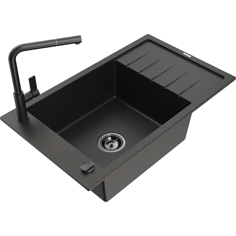 Mexen Elias lava-louça de granito de 1 cuba com escorredor e torneira de cozinha Flora, preto/metalizado dourado