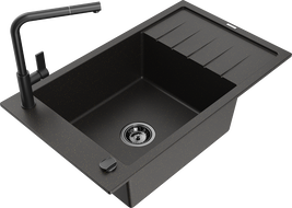 Mexen Elias one-bowl granite sink with drainer and Flora kitchen tap, black/gold metallic - 6511-75-670401-70-B