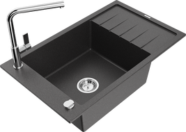 Mexen Elias 1-bowl granite kitchen sink with drainer and Flora kitchen tap, black speckled - 6511-76-670401-00