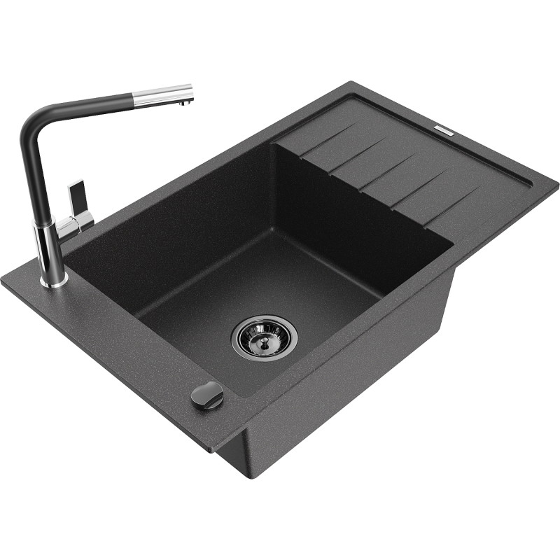 Mexen Elias Granitspüle 1-becken mit Abtropffläche und Küchenarmatur Flora, schwarz gesprenkelt - 6511-76-670401-07-B