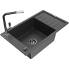 Mexen Elias 1-bowl granite sink with drainer and Flora kitchen tap, speckled black - 6511-76-670401-07-B