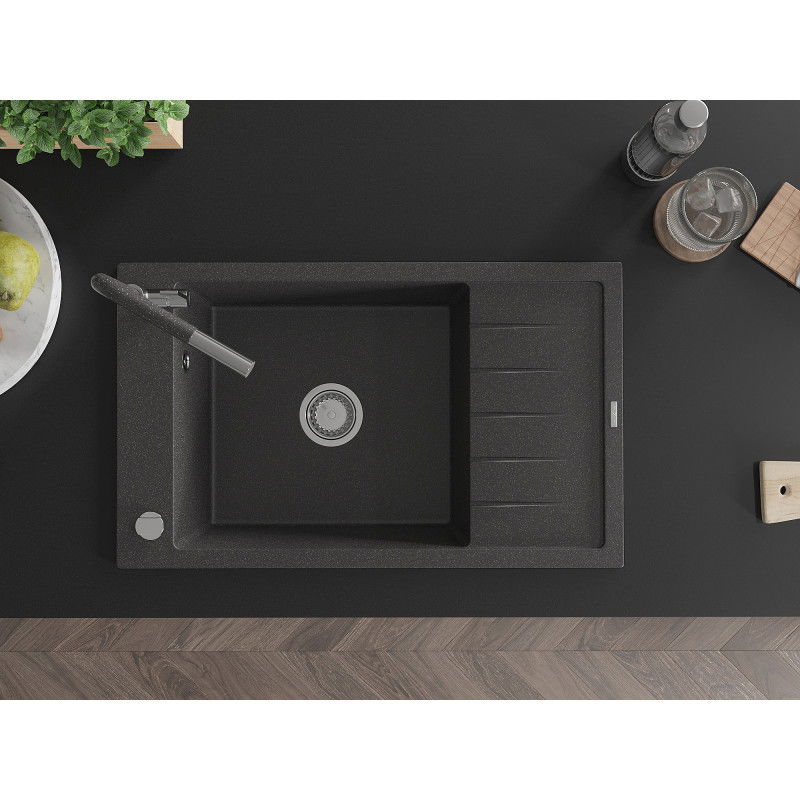 Mexen Elias granite sink single-bowl with drainer and Flora kitchen tap, speckled black - 6511-76-670401-08