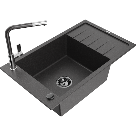 Mexen Elias granite sink 1-bowl with drainer and Flora kitchen tap, black speckled - 6511-76-670401-08-B