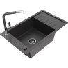 Mexen Elias granite sink 1-bowl with drainer and Flora kitchen tap, black speckled - 6511-76-670401-08-B