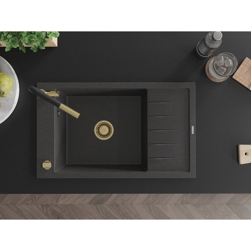 Mexen Elias granitdiskbänk med 1 ho och avrinning samt Flora köksblandare, svart med prickar - 6511-76-670401-57-G