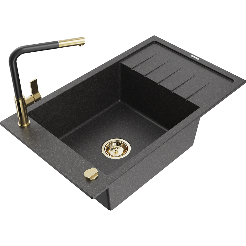 Mexen Elias fregadero de granito 1-cubeta con escurridor y grifo de cocina Flora, negro moteado - 6511-76-670401-57-G