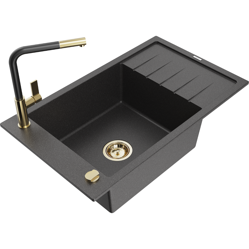 Mexen Elias granitdiskbänk med 1 ho och avrinning samt Flora köksblandare, svart med prickar - 6511-76-670401-57-G