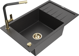 Mexen Elias granite kitchen sink, 1-bowl with drainer and Flora kitchen tap, black speckled - 6511-76-670401-57-G