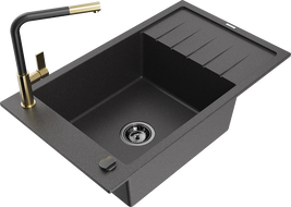 Mexen Elias granite sink 1-bowl with drainer and Flora kitchen tap, black speckled - 6511-76-670401-57-B