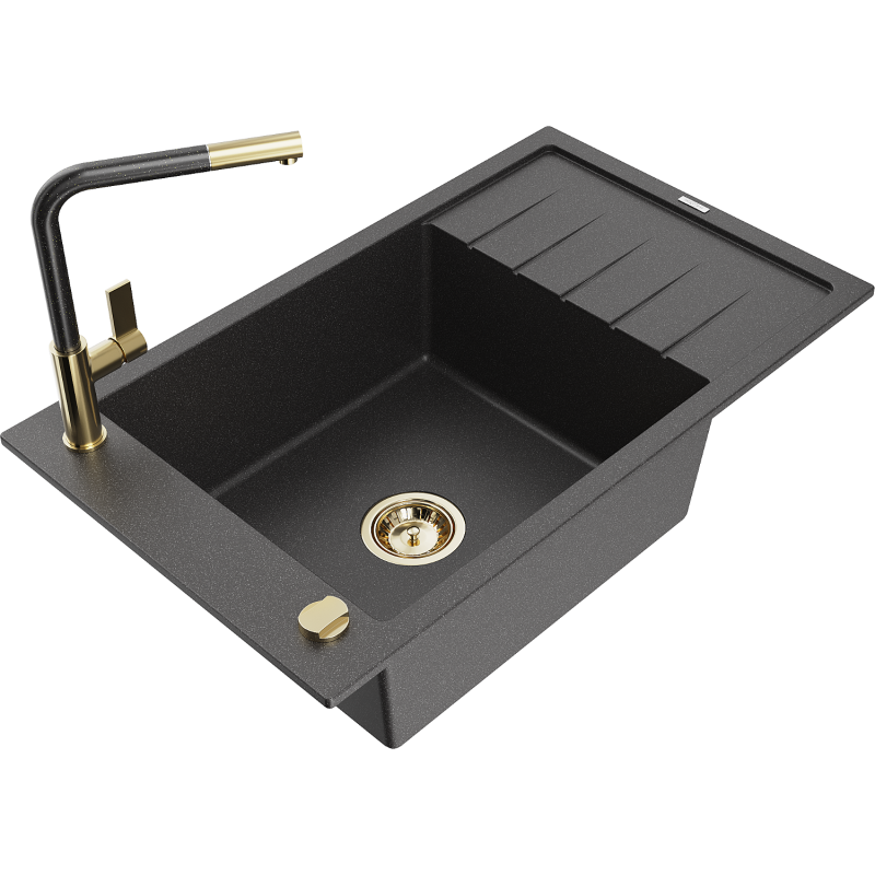 Mexen Elias 1-bowl granite sink with drainer and Flora kitchen tap, speckled black - 6511-76-670401-75-G