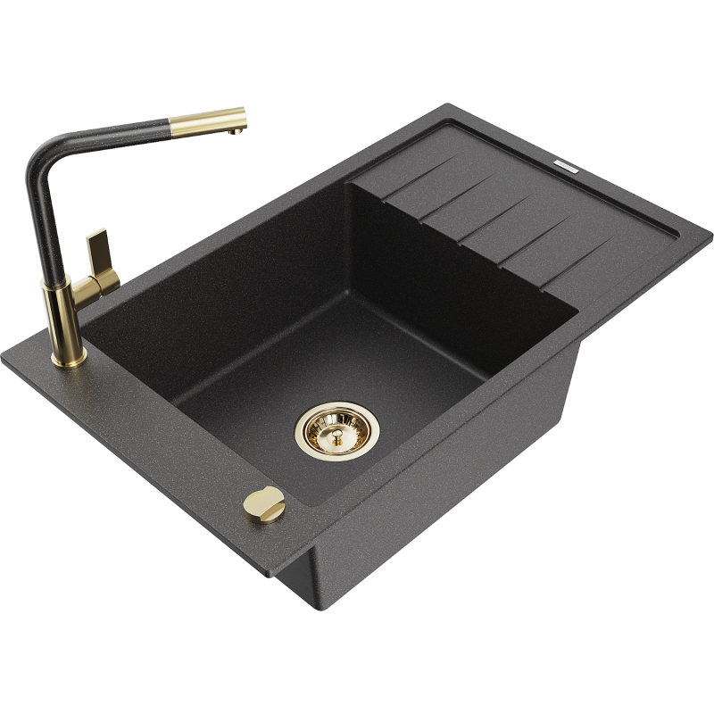 Mexen Elias granīta izlietne ar vienu bļodu, noteces vietu un virtuves krānu Flora, melni punktiņi - 6511-76-670401-75-G