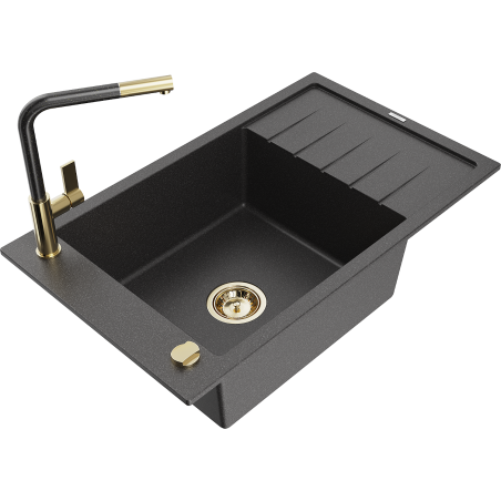 Mexen Elias 1-bowl granite sink with drainer and Flora kitchen tap, speckled black - 6511-76-670401-75-G