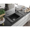 Mexen Elias Granitspüle 1-Becken mit Abtropffläche und Küchenarmatur Flora, schwarz - 6511-77-670401-00