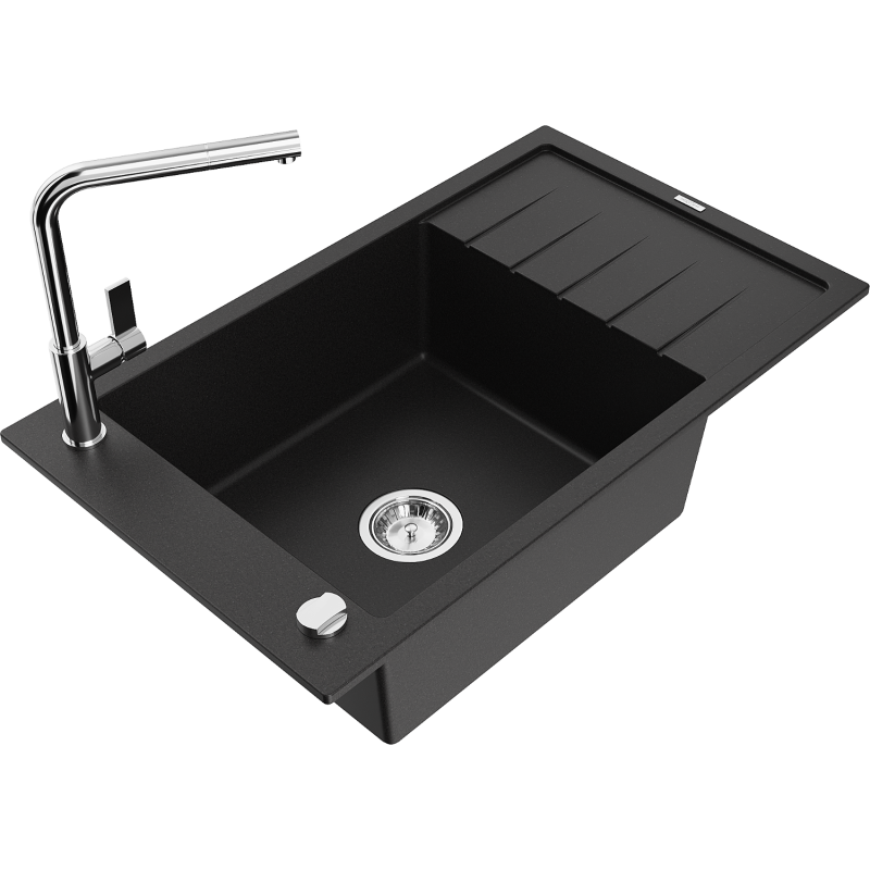 Mexen Elias Granitspüle 1-Becken mit Abtropffläche und Küchenarmatur Flora, schwarz - 6511-77-670401-00