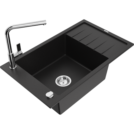 Mexen Elias granite sink 1-bowl with drainer and Flora kitchen faucet, black - 6511-77-670401-00
