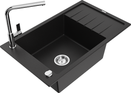 Mexen Elias granite sink 1-bowl with drainer and Flora kitchen faucet, black - 6511-77-670401-00