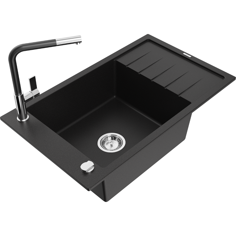 Mexen Elias 1-bowl granite sink with drainer and Flora kitchen tap, black - 6511-77-670401-07