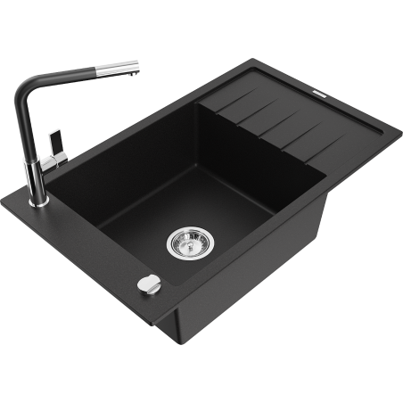 Mexen Elias 1-bowl granite sink with drainer and Flora kitchen tap, black - 6511-77-670401-07