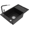 Mexen Elias 1-bowl granite sink with drainer and Flora kitchen tap, black - 6511-77-670401-07