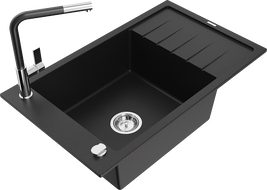 Mexen Elias granite sink 1-bowl with drainer and kitchen faucet Flora, black - 6511-77-670401-07