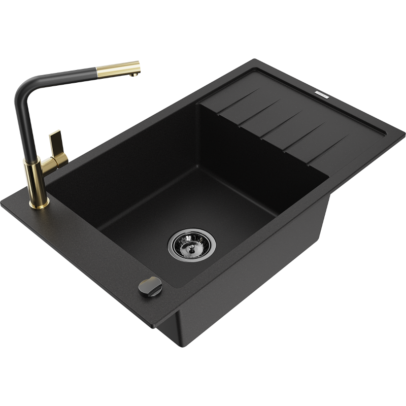 Mexen Elias fregadero de granito de 1 compartimento con escurridor y grifo de cocina Flora, negro - 6511-77-670401-57-B