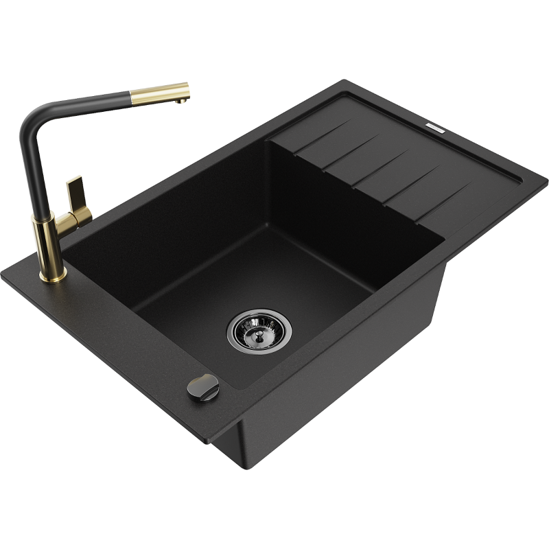 Mexen Elias Granitspüle 1-Becken mit Abtropffläche und Küchenarmatur Flora, schwarz - 6511-77-670401-57-B