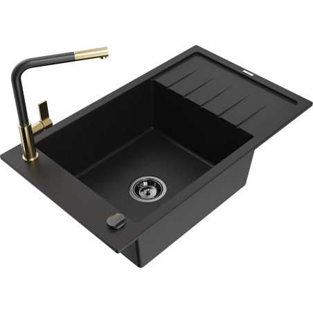Mexen Elias Granitspüle 1-Becken mit Abtropffläche und Küchenarmatur Flora, schwarz - 6511-77-670401-57-B