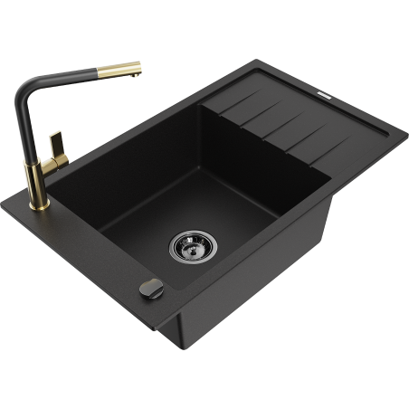 Mexen Elias single-bowl granite sink with drainer and Flora kitchen tap, black - 6511-77-670401-57-B