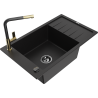 Mexen Elias single-bowl granite sink with drainer and Flora kitchen tap, black - 6511-77-670401-57-B