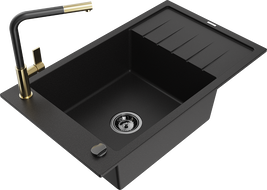 Mexen Elias single-bowl granite sink with drainer and Flora kitchen tap, black - 6511-77-670401-57-B